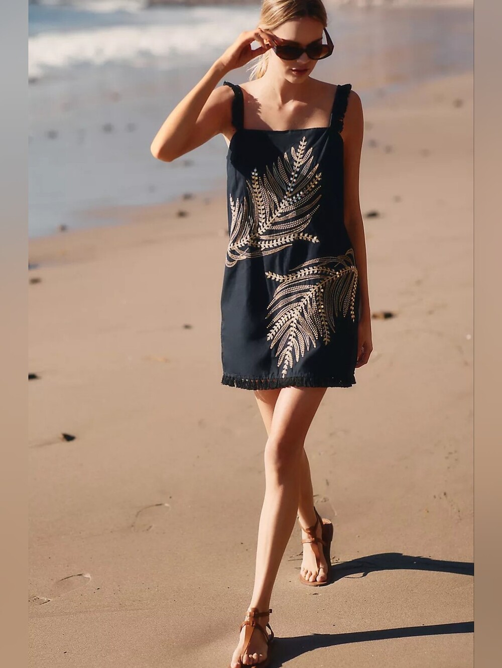 🌴 Anthropologie Sariah Fringe Black Mini Dress Sz Large